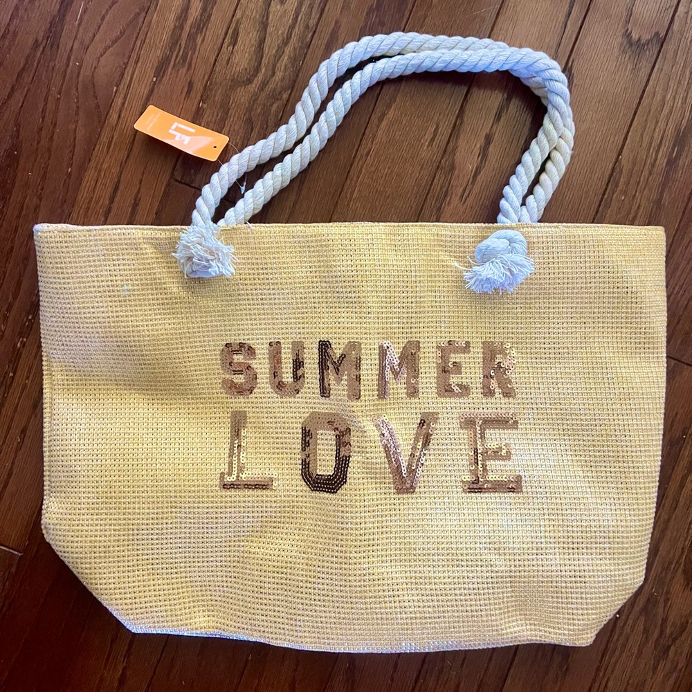 Summer Love Beach Tote Bag Sequin Rope Handle Vacation Bag